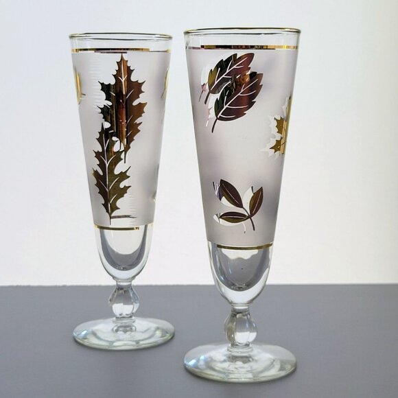 MCM Libbey Golden Foliage Pilsner Beer Glass Set of 2 Gold Leaves Frosted Glass - Picture 2 of 11
